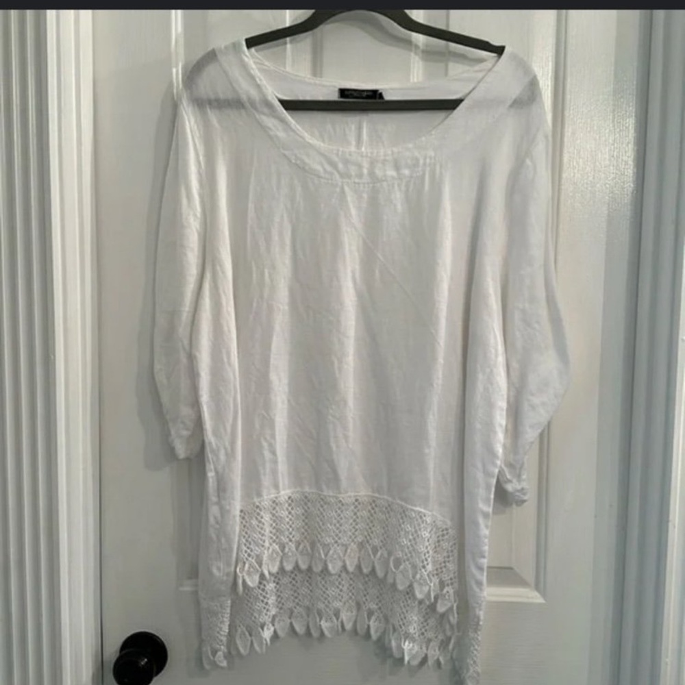 Lungo L’Arno Linen White Women's Top with Lace Hem Round Neck Size 1X